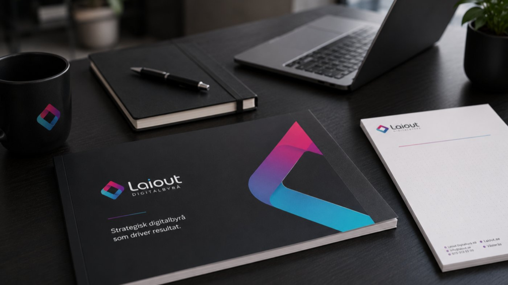 Övergångsord och SEO-copywriting på skrivbord med Laiout Digitalbyrås profilmaterial