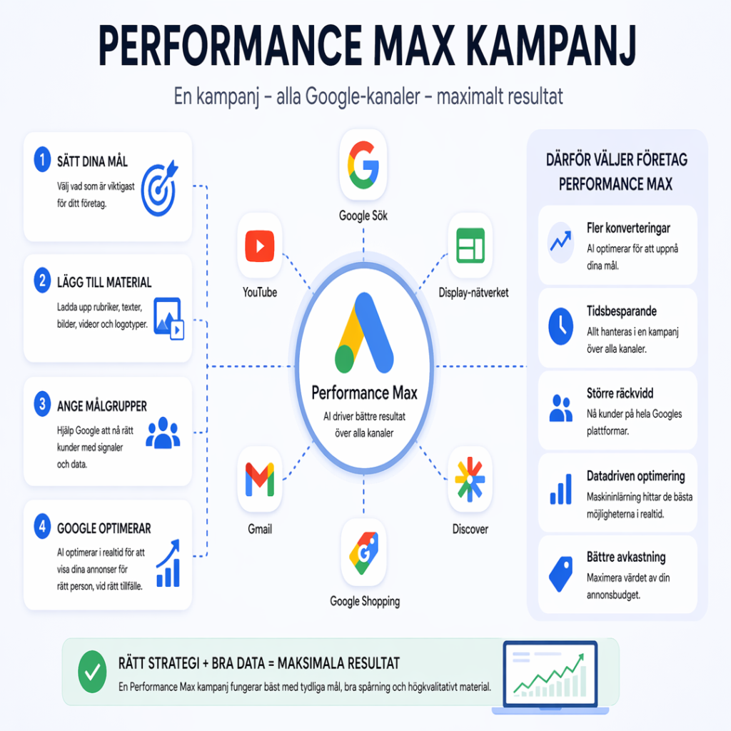 Infografik som visar hur en Performance Max kampanj fungerar i Google Ads med mål, annonser och AI-optimering.