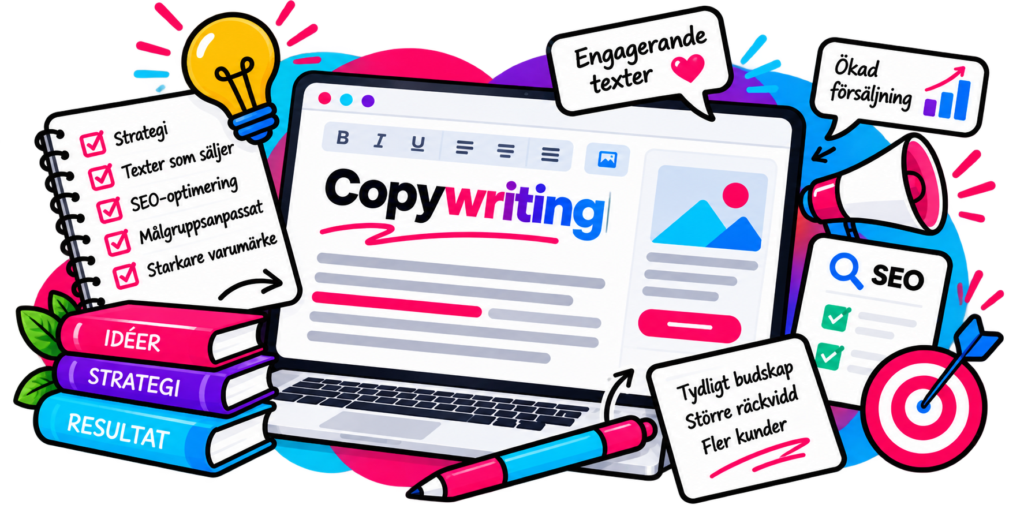 Illustration av copywriting med SEO-optimerade texter, innehållsstrategi och kreativt skrivande som stärker företags synlighet och försäljning.